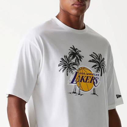 The Male model is wearing LA Lakers NBA Palm Tree White Oversized T-Shirt 3