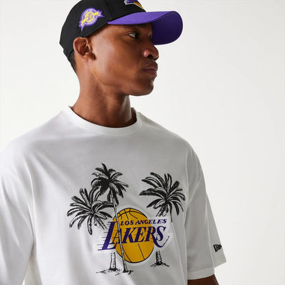 The Male model is wearing LA Lakers NBA Palm Tree White Oversized T-Shirt 5