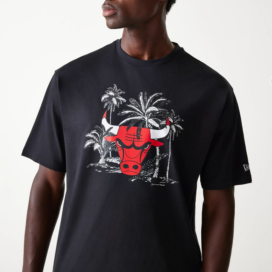 The Male model is wearing Chicago Bulls NBA Palm Tree Black Oversized T-Shirt 3