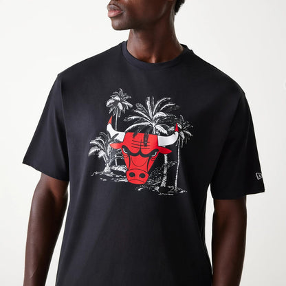 The Male model is wearing Chicago Bulls NBA Palm Tree Black Oversized T-Shirt 3