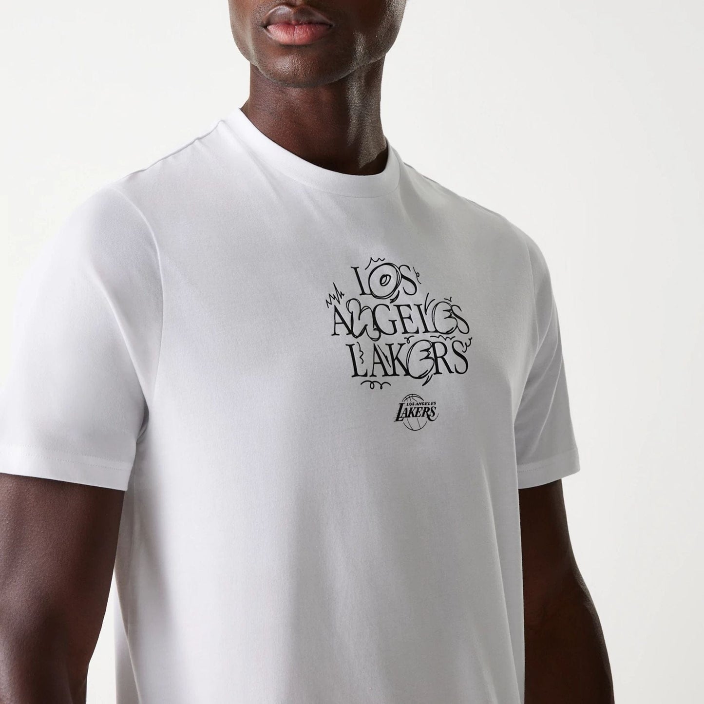The Male model is wearing LA Lakers NBA Court Graphic White T-Shirt 3