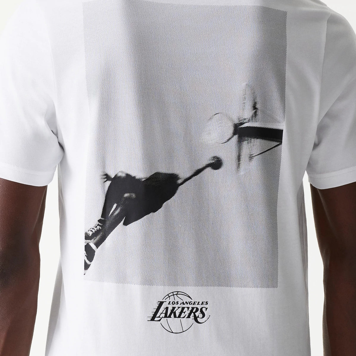 The Male model is wearing LA Lakers NBA Court Graphic White T-Shirt 4