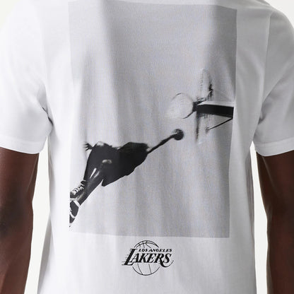 The Male model is wearing LA Lakers NBA Court Graphic White T-Shirt 4
