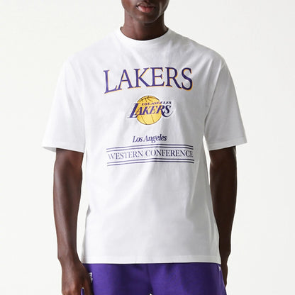 The Male model is wearing LA Lakers NBA Team Graphic White Oversized T-Shirt 1