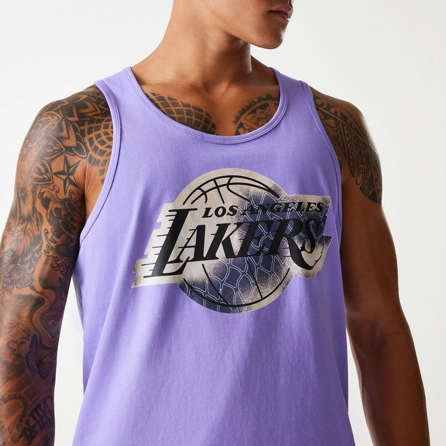 The Male model is wearing LA Lakers NBA All Over Print Infill Purple Vest Top 4