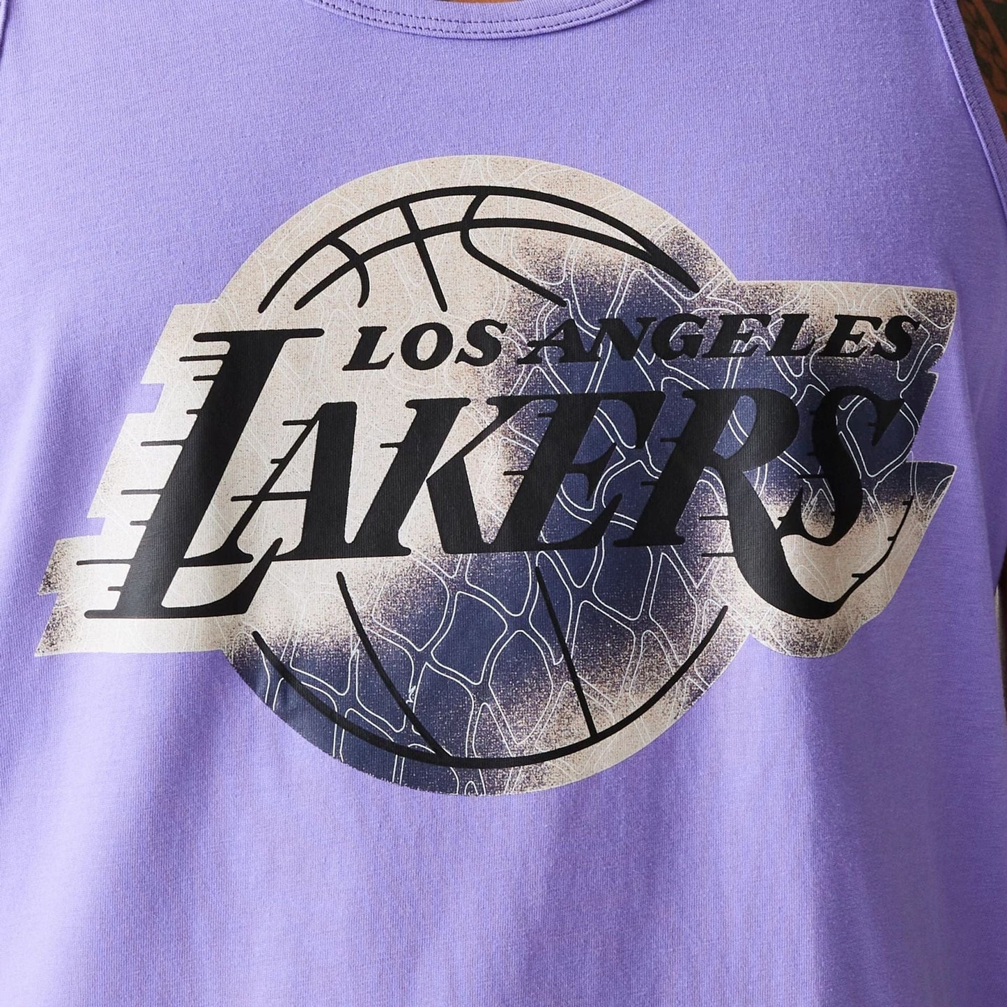 The Male model is wearing LA Lakers NBA All Over Print Infill Purple Vest Top 6