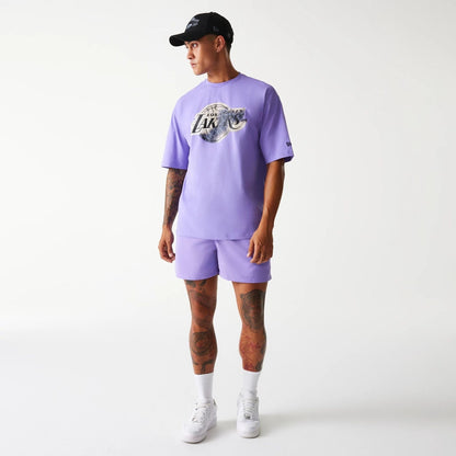 The Male model is wearing LA Lakers NBA All Over Print Infill Purple Oversized T-Shirt 8