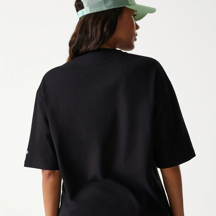 The Male model is wearing New Era Outdoor Graphic Black Oversized T-Shirt 8