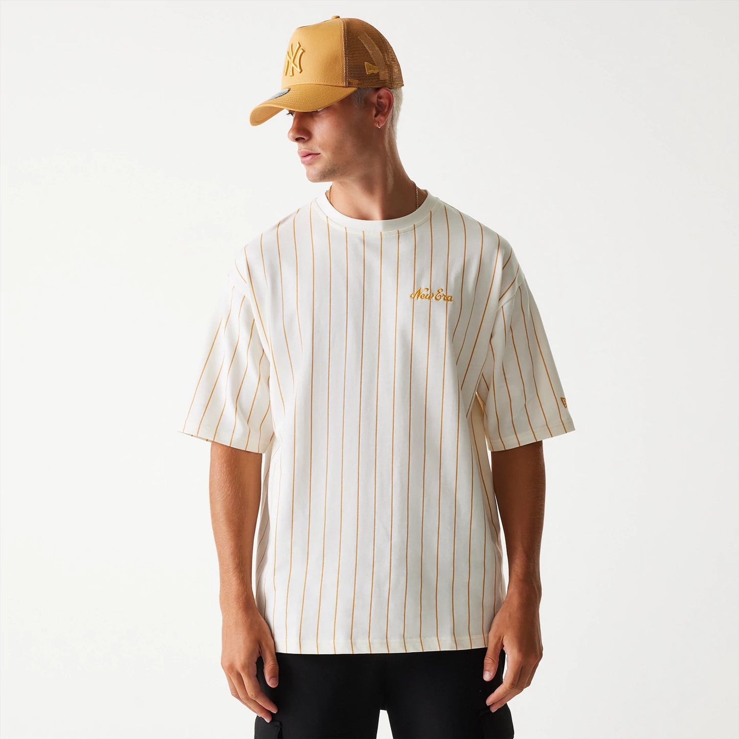 The Male model is wearing New Era Pinstripe Open White Oversized T-Shirt 3