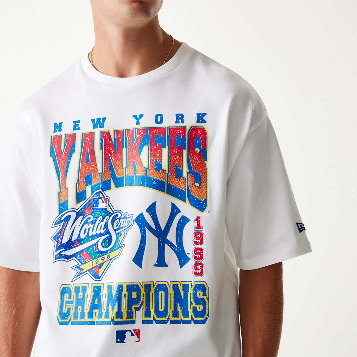 The Male model is wearing New York Yankees MLB World Series 1999 White Oversized T-Shirt 4