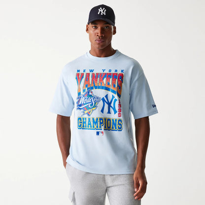 The Male model is wearing New York Yankees MLB World Series Pastel Blue Oversized T-Shirt 4