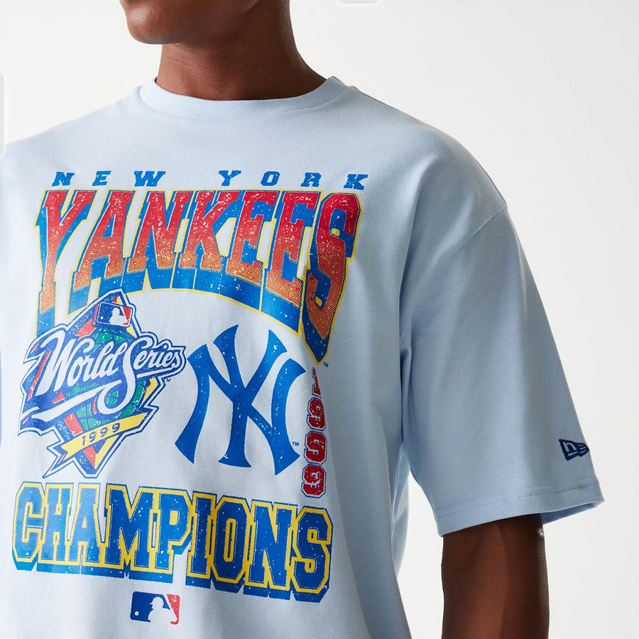 The Male model is wearing New York Yankees MLB World Series Pastel Blue Oversized T-Shirt 3
