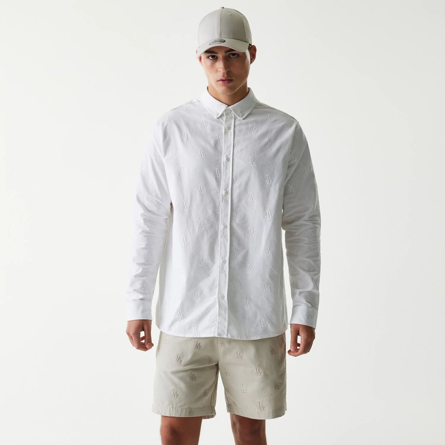 The Male model is wearing LA Dodgers MLB Monogram White Long Sleeve Shirt 1