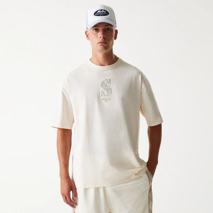 The Male model is wearing Seattle Mariners MLB Infill Open White Oversized T-Shirt 4