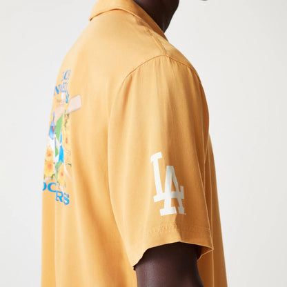 The Male model is wearing LA Dodgers MLB Graphic Beige Revere Short Sleeve Shirt 5