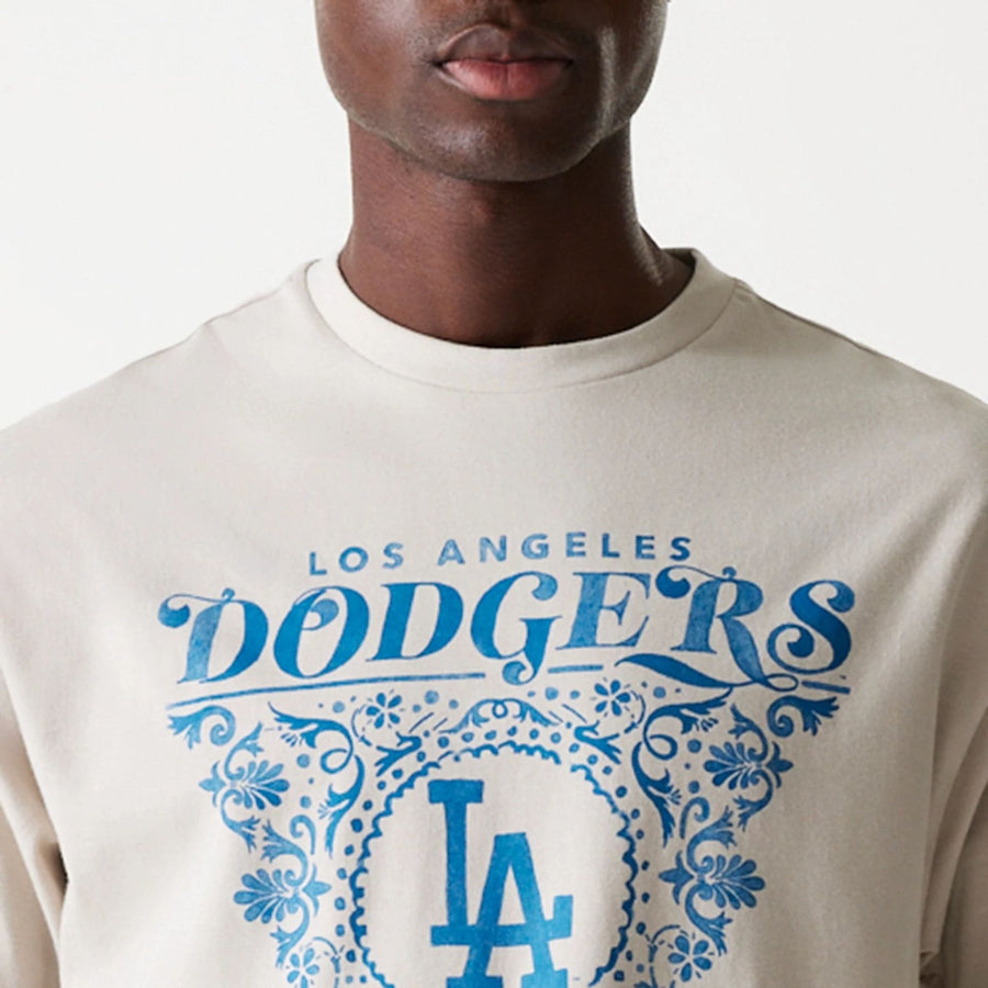 The Male model is wearing LA Dodgers MLB Floral Graphic Cream Oversized T-Shirt 6