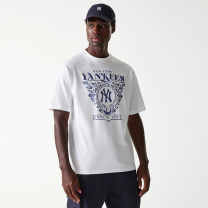 The Male model is wearing New York Yankees MLB Floral Graphic White Oversized T-Shirt 1