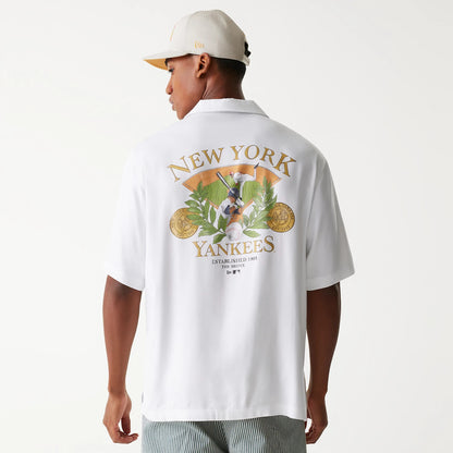 The Male model is wearing New York Yankees MLB Graphic White Revere Short Sleeve Shirt 2