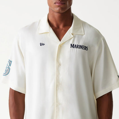 The Male model is wearing Seattle Mariners MLB Graphic Open White Revere Short Sleeve Shirt 3