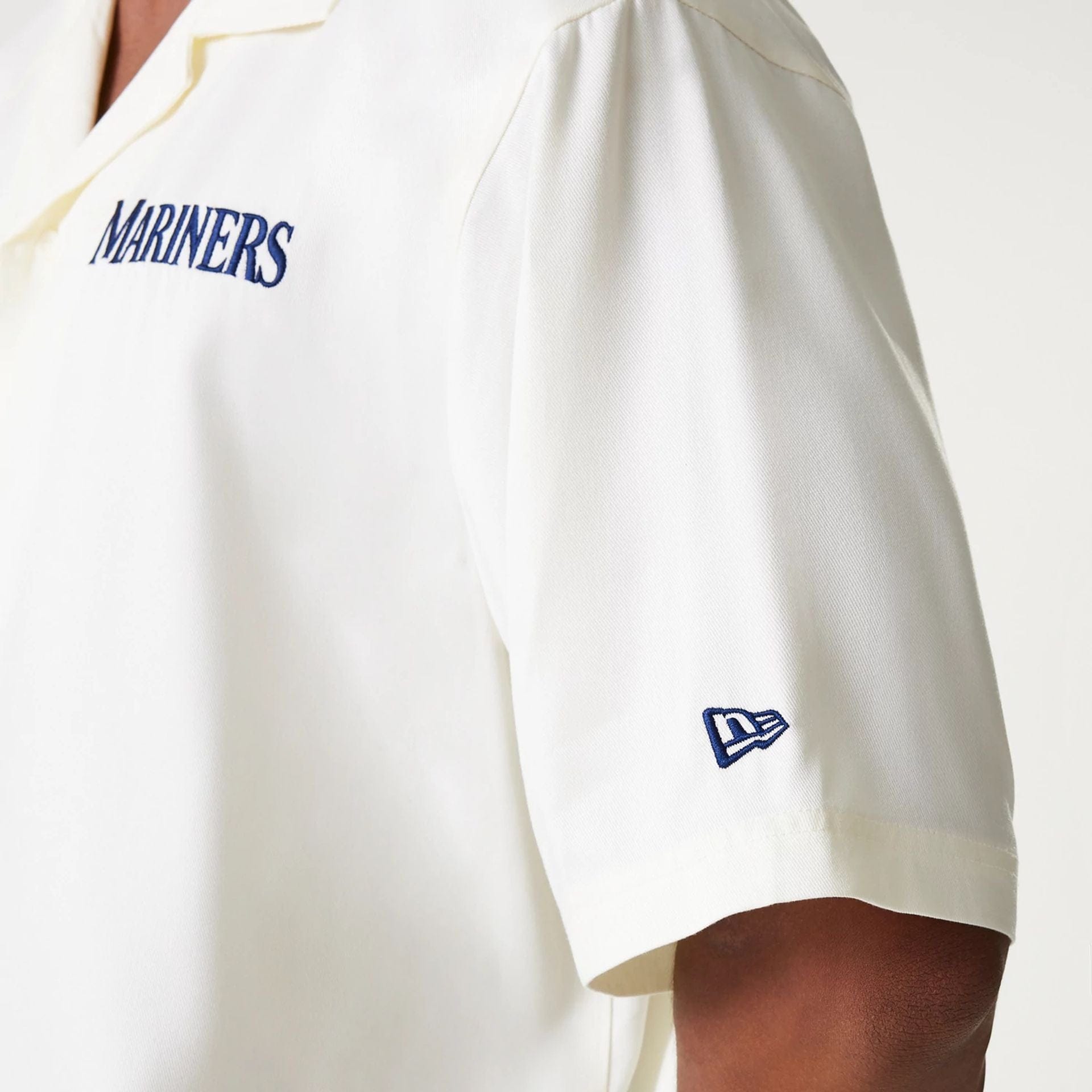 The Male model is wearing Seattle Mariners MLB Graphic Open White Revere Short Sleeve Shirt 6