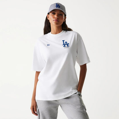 The Male model is wearing LA Dodgers MLB Baseball Graphic White Oversized T-Shirt 4