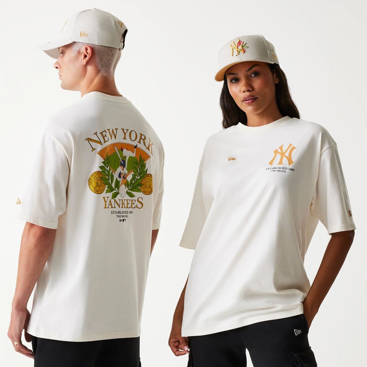 The Male model is wearing New York Yankees MLB Baseball Graphic Open White Oversized T-Shirt 1