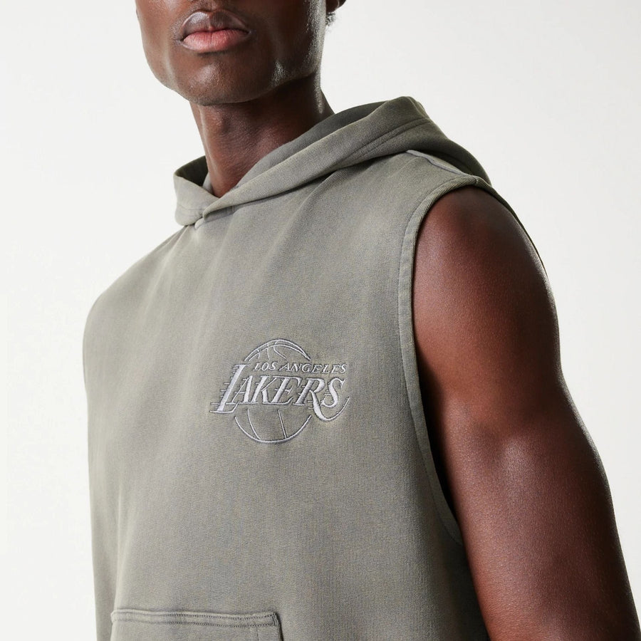 The Male model is wearing LA Lakers NBA Washed Grey Sleeveless Hoodie 4