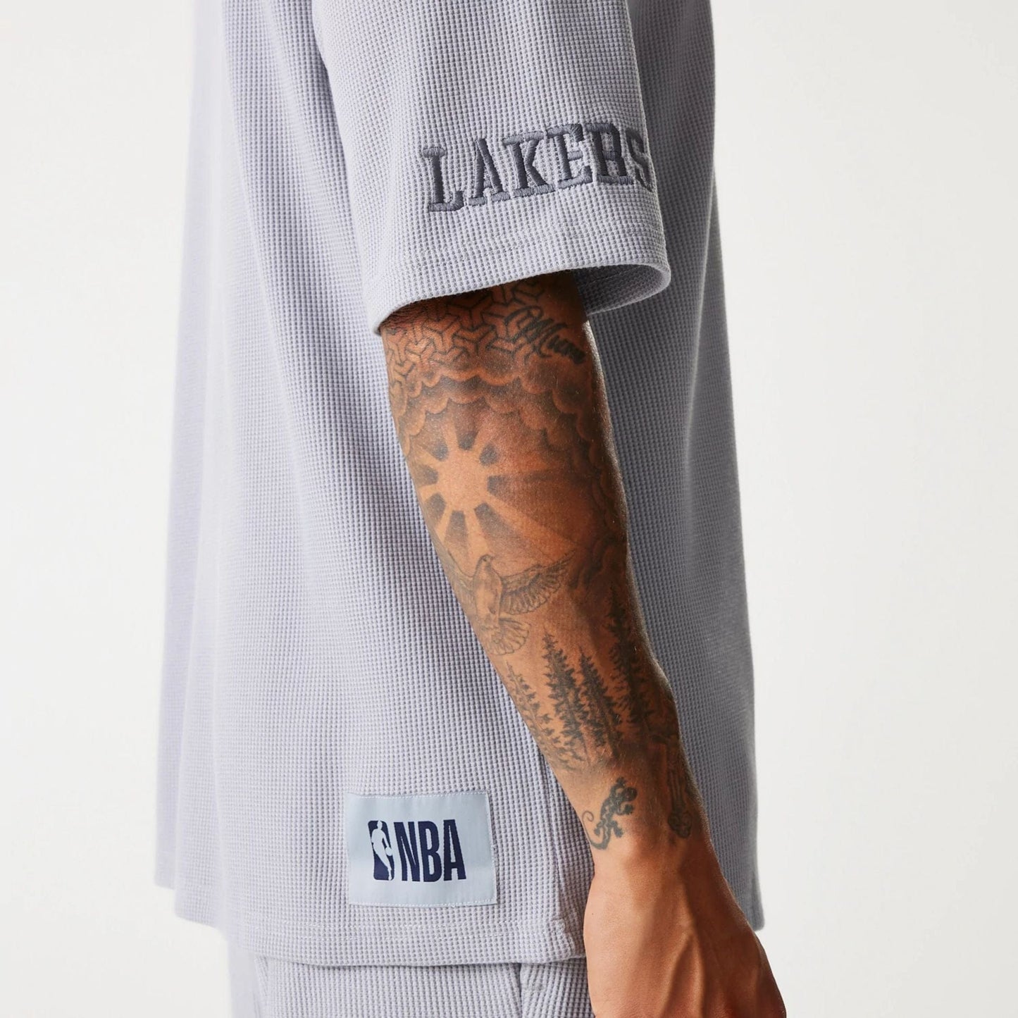 The Male model is wearing LA Lakers NBA Waffle Grey Oversized T-Shirt 4