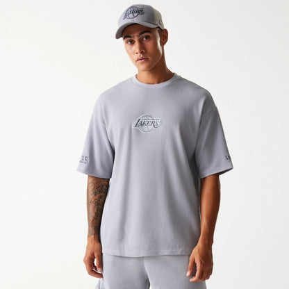 The Male model is wearing LA Lakers NBA Waffle Grey Oversized T-Shirt 1