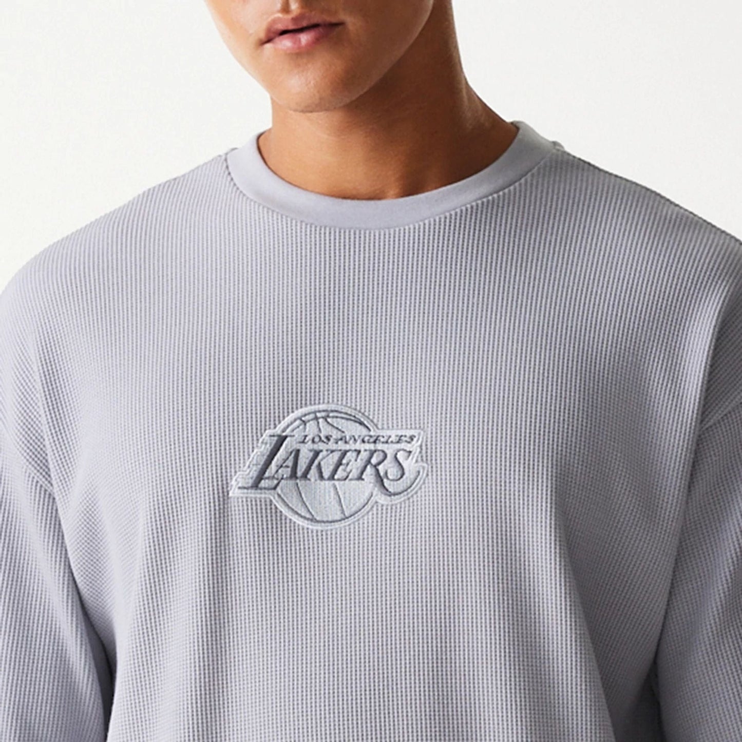 The Male model is wearing LA Lakers NBA Waffle Grey Oversized T-Shirt 6