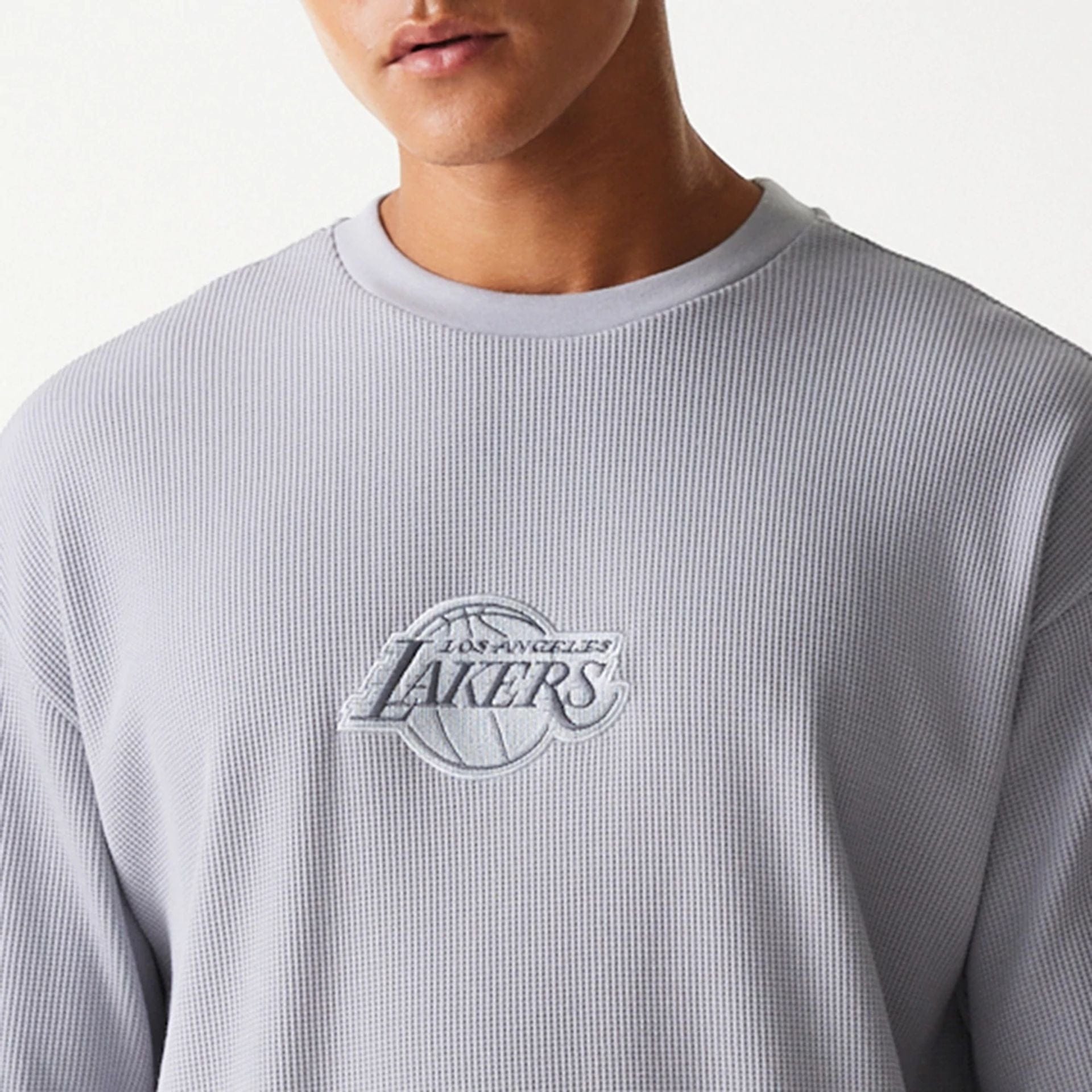 The Male model is wearing LA Lakers NBA Waffle Grey Oversized T-Shirt 6
