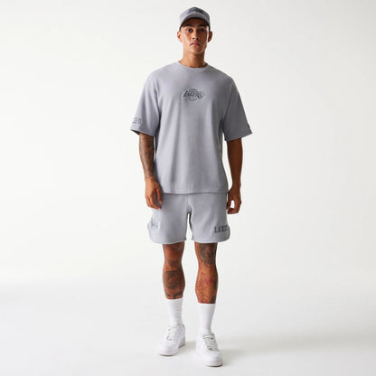 The Male model is wearing LA Lakers NBA Waffle Grey Oversized T-Shirt 8