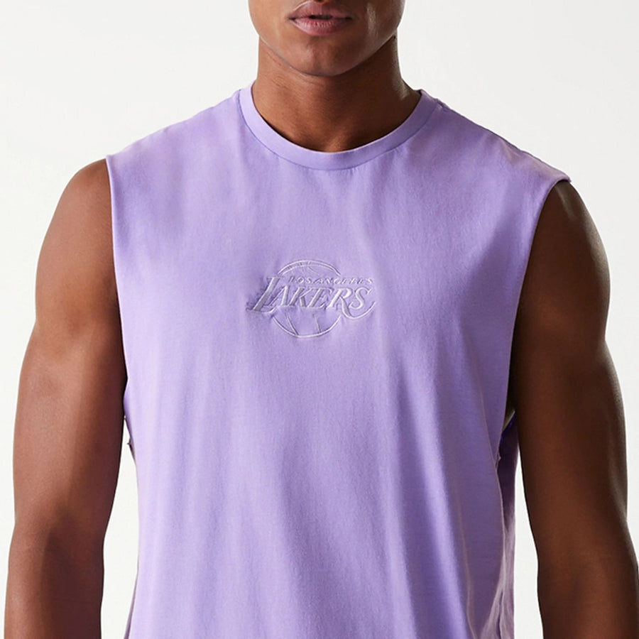 The Male model is wearing LA Lakers NBA Washed Purple Sleeveless T-Shirt 3