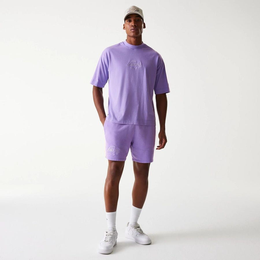 The Male model is wearing LA Lakers NBA Washed Purple Shorts 8
