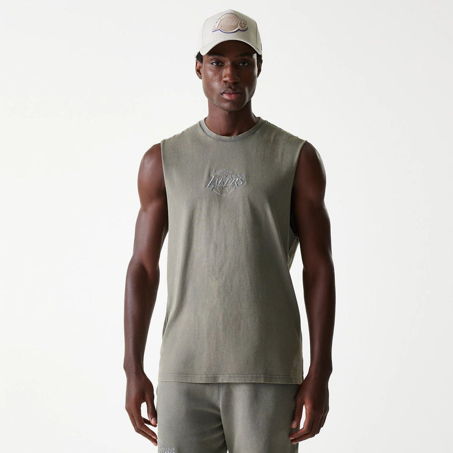 The Male model is wearing LA Lakers NBA Washed Grey Sleeveless T-Shirt 1