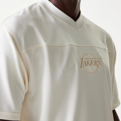 The Male model is wearing LA Lakers NBA Tonal Open White Mesh Jersey 4