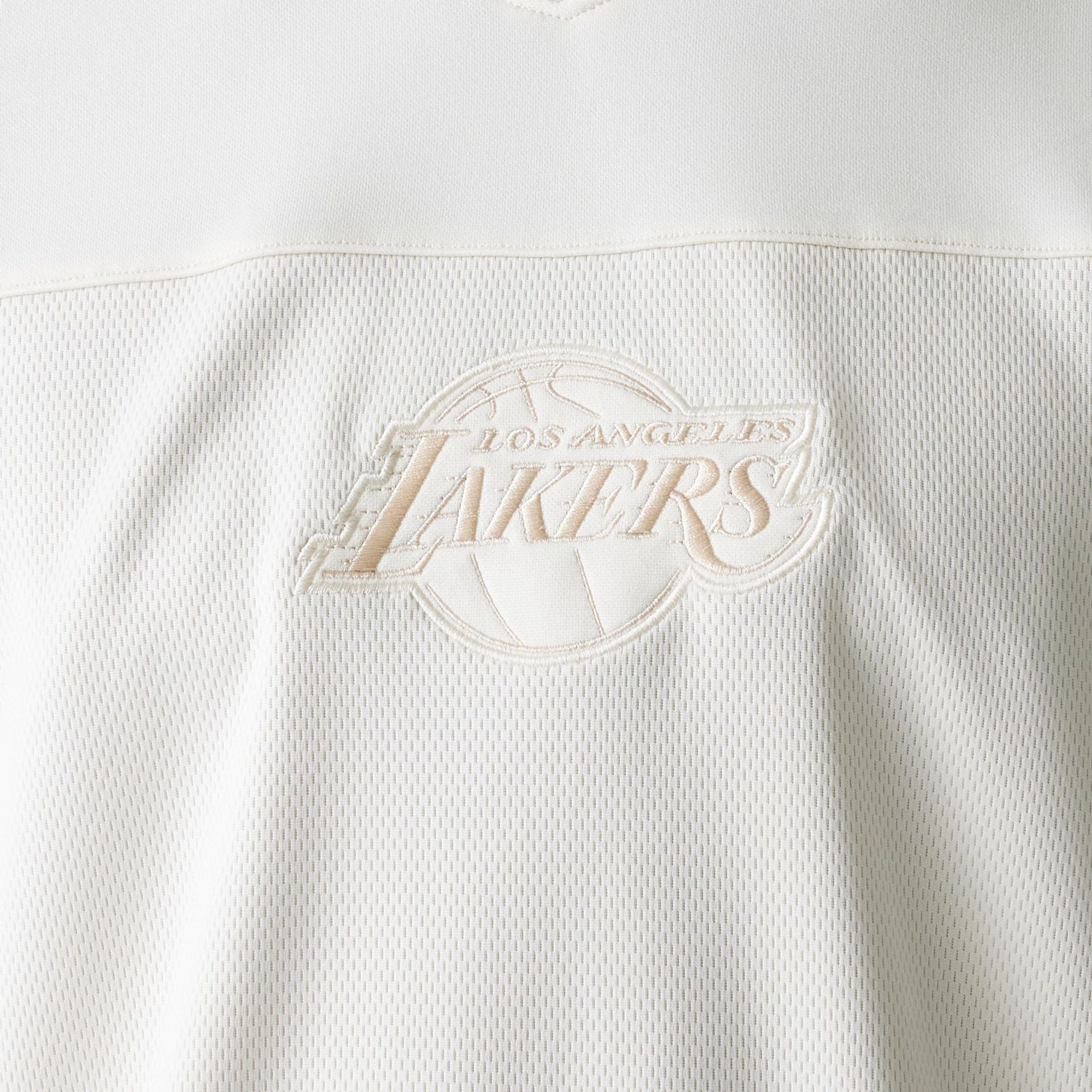 The Male model is wearing LA Lakers NBA Tonal Open White Mesh Jersey 6