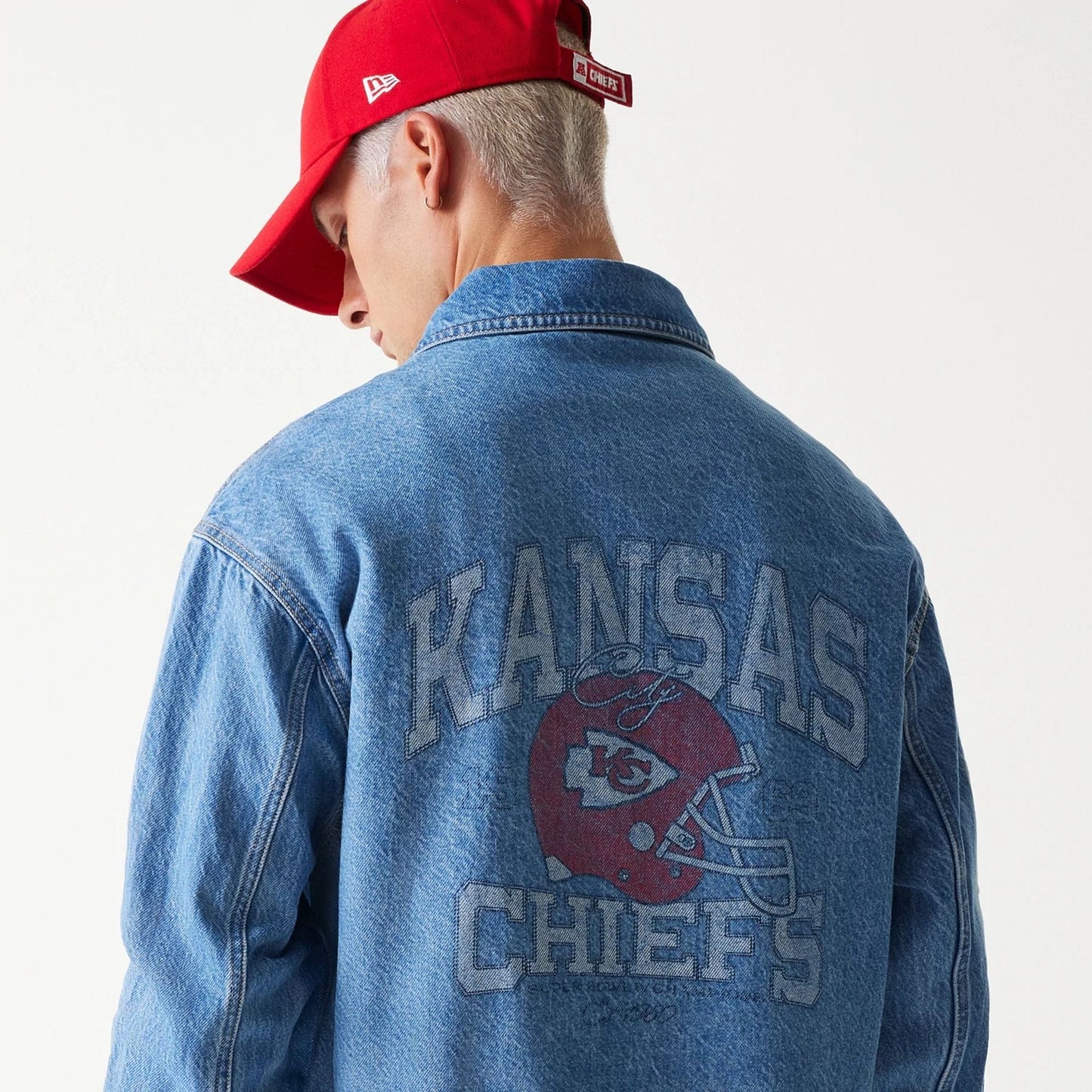 The Male model is wearing Kansas City Chiefs NFL Dark Blue Denim Jacket 3