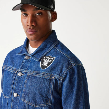 The Male model is wearing Las Vegas Raiders NFL Dark Blue Denim Jacket 5