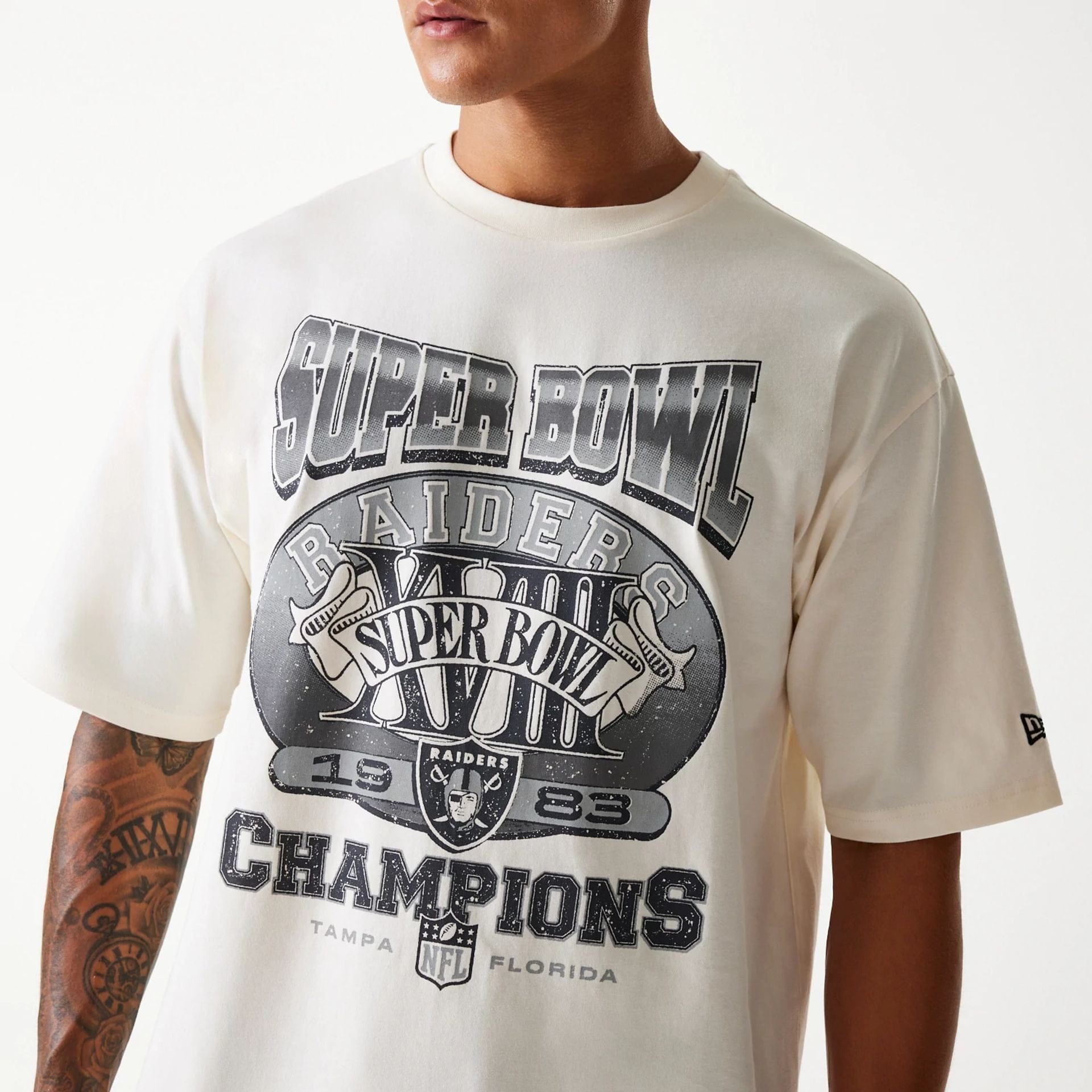 The Male model is wearing Las Vegas Raiders NFL Super Bowl Open White Oversized T-Shirt 3