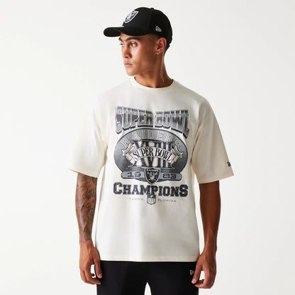 The Male model is wearing Las Vegas Raiders NFL Super Bowl Open White Oversized T-Shirt 1