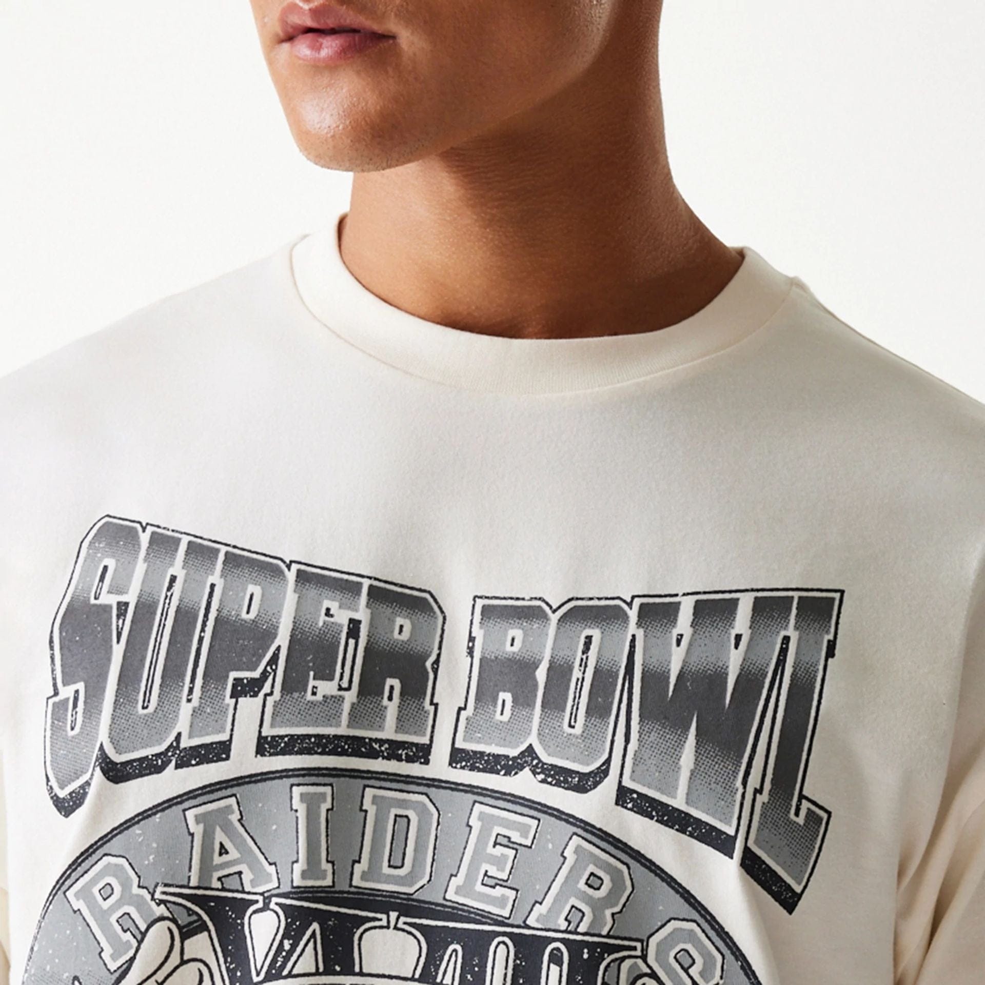 The Male model is wearing Las Vegas Raiders NFL Super Bowl Open White Oversized T-Shirt 5