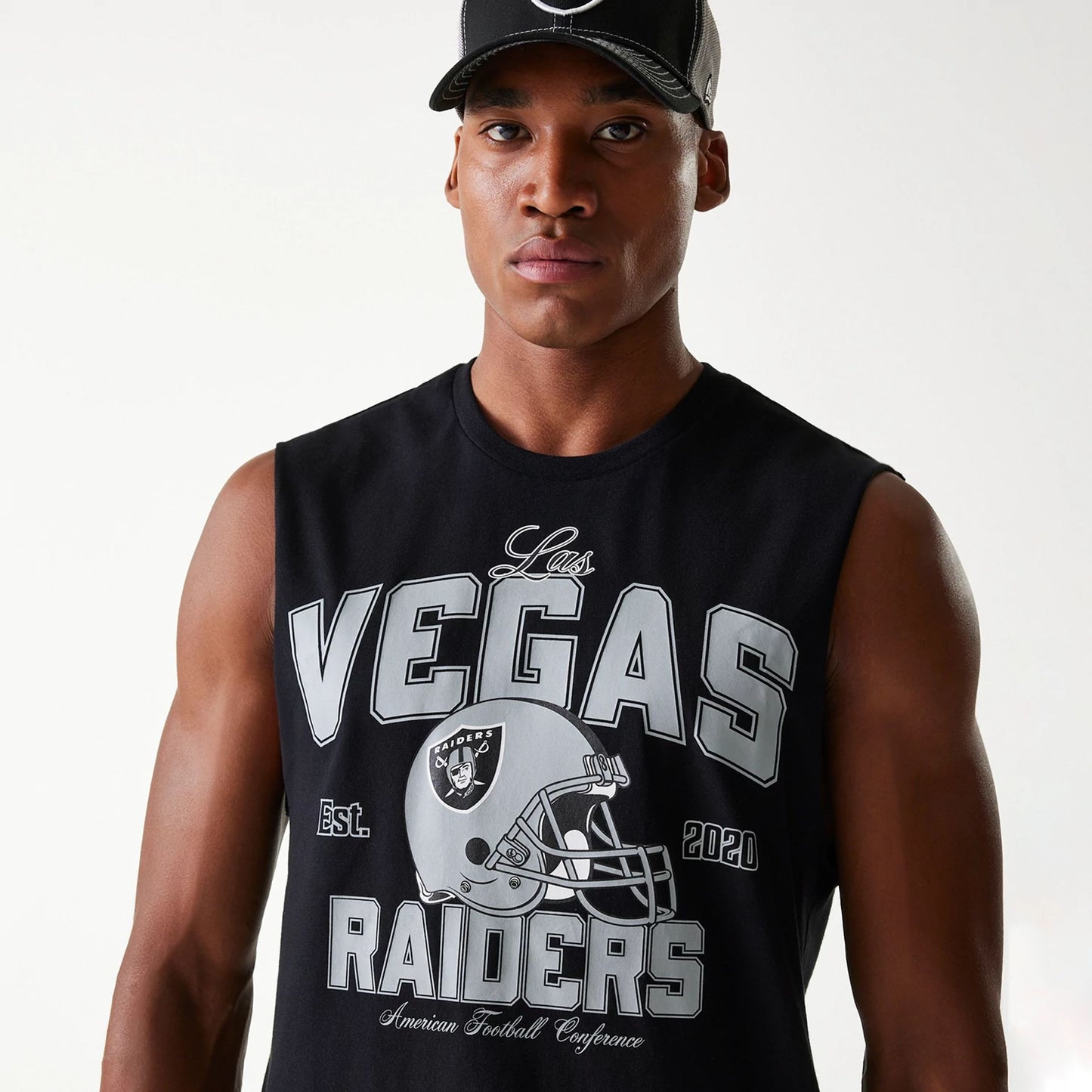 The Male model is wearing Las Vegas Raiders NFL Helmet Black Sleeveless T-Shirt 3