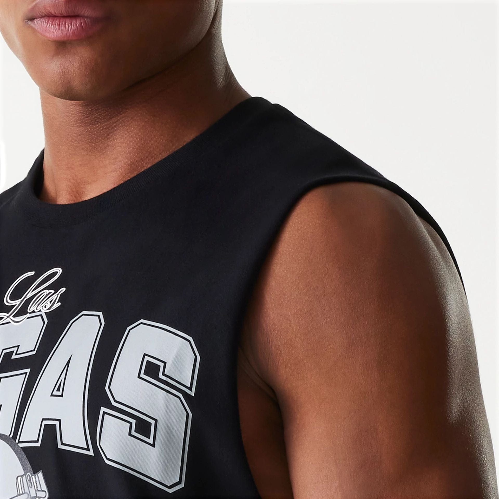 The Male model is wearing Las Vegas Raiders NFL Helmet Black Sleeveless T-Shirt 4