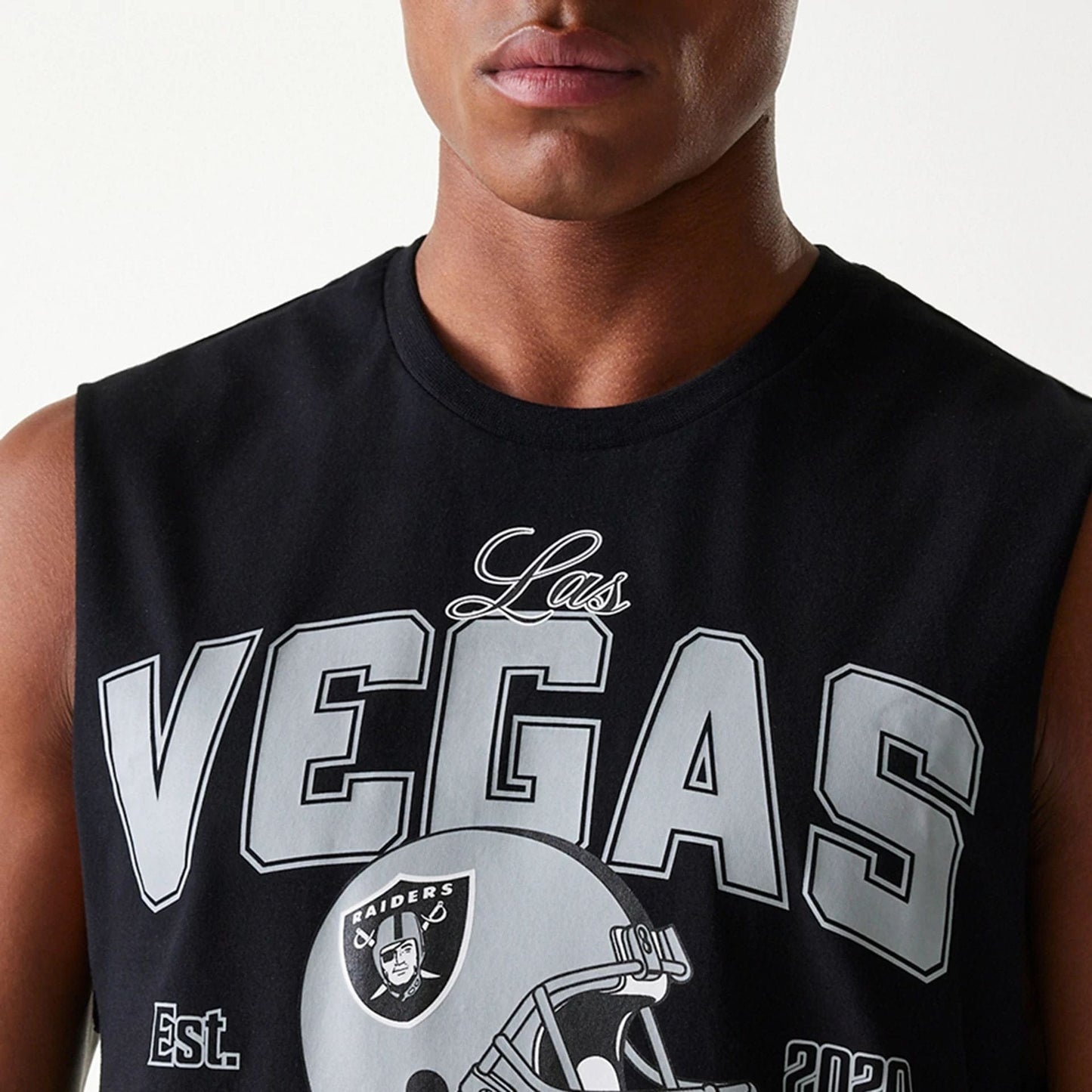 The Male model is wearing Las Vegas Raiders NFL Helmet Black Sleeveless T-Shirt 5