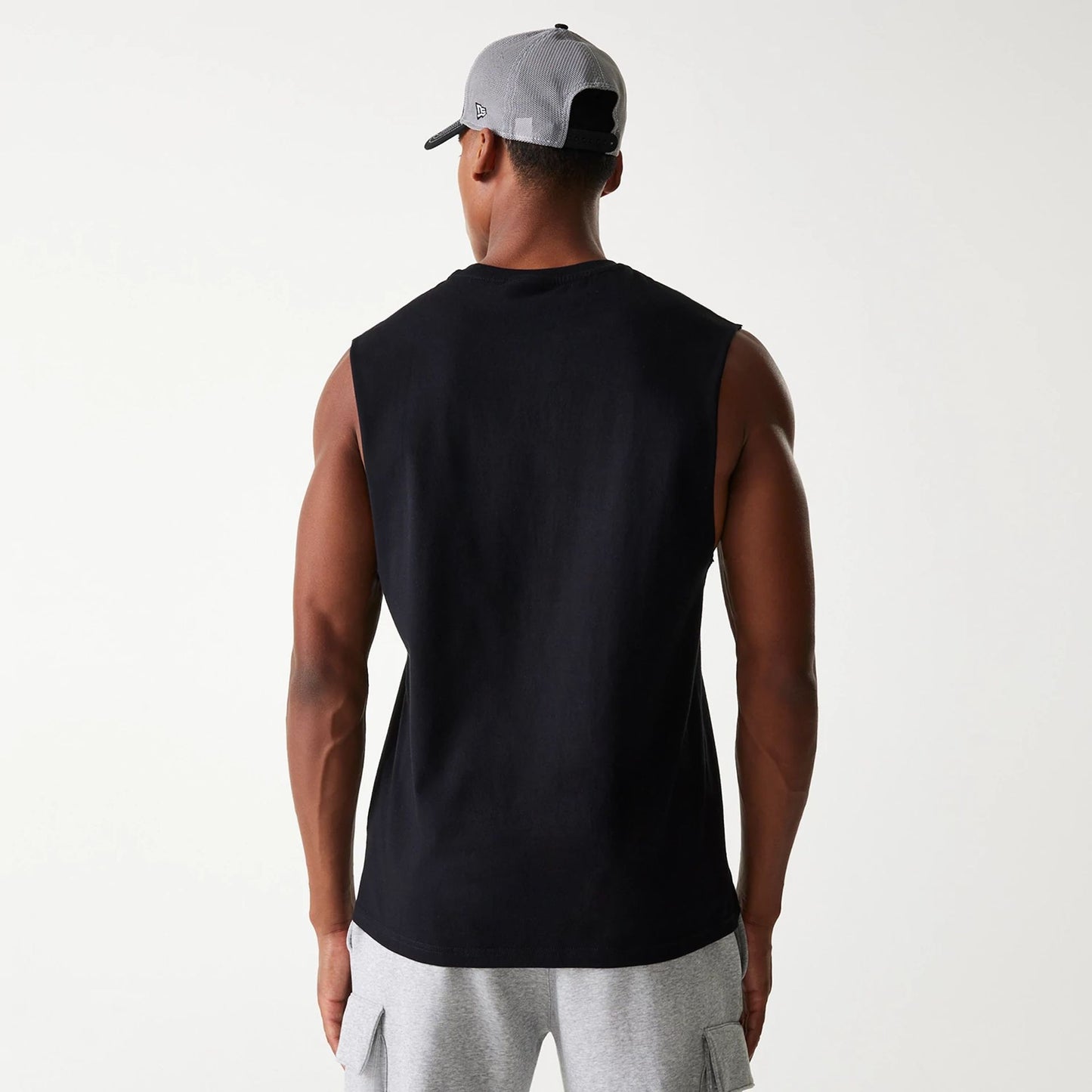 The Male model is wearing Las Vegas Raiders NFL Helmet Black Sleeveless T-Shirt 2