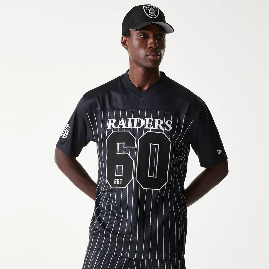 The Male model is wearing Las Vegas Raiders NFL Stripe Black Long Sleeve Jersey 1
