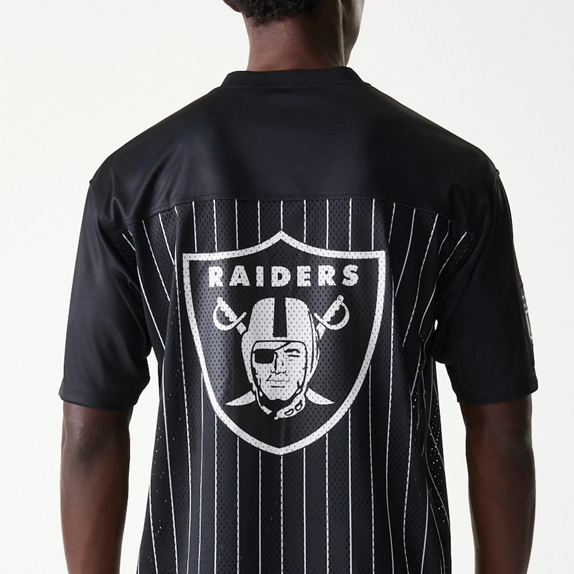 The Male model is wearing Las Vegas Raiders NFL Stripe Black Long Sleeve Jersey 4