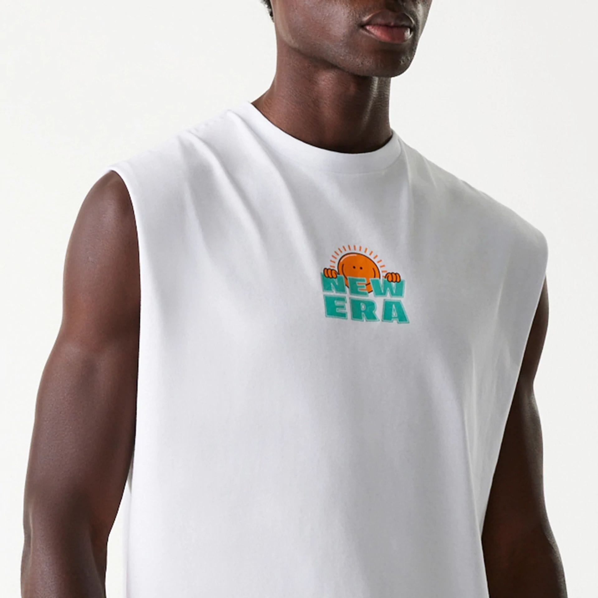 The Male model is wearing New Era Outdoor Graphic White Sleeveless T-Shirt 3