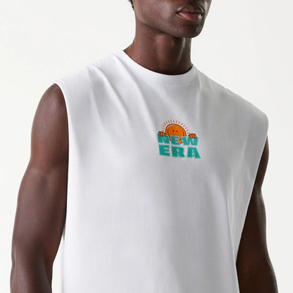 The Male model is wearing New Era Outdoor Graphic White Sleeveless T-Shirt 3